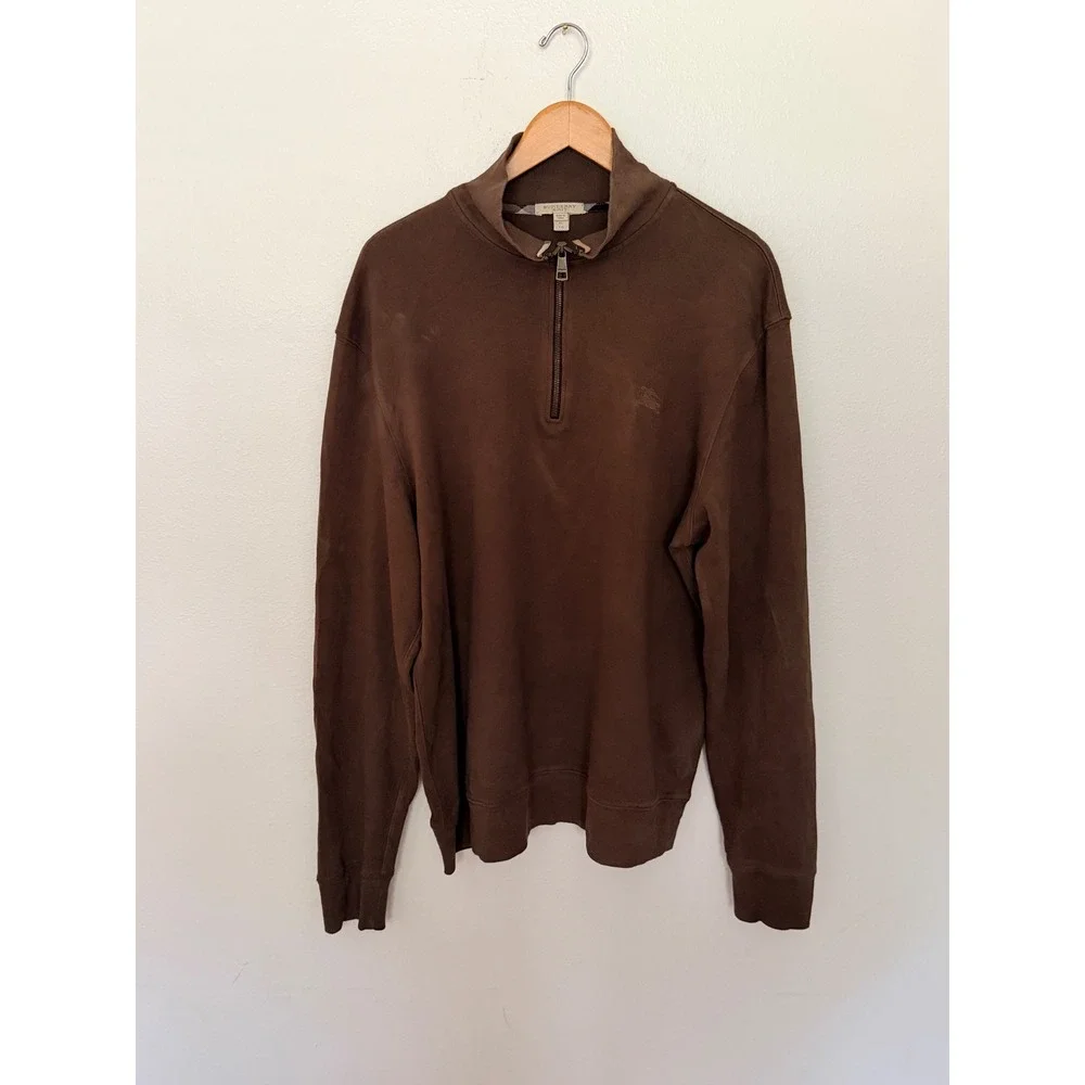 Burberry Brit Pullover Sz XL Brown Quarter Zip Mock Neck Logo Designer Sweater